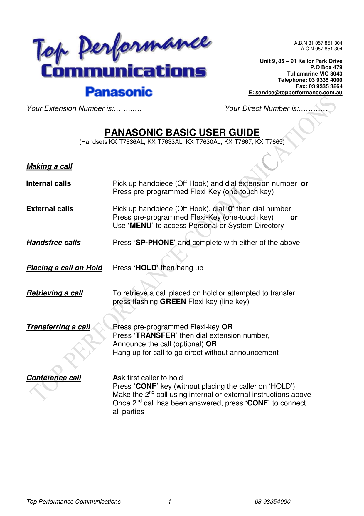 PDF manual for Panasonic Telephone KX-T7667